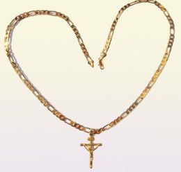 24k Solid Gold GF 6mm Italian Figaro Link Chain Necklace 24" Womens Mens Jesus Crucifix Pendant2044930