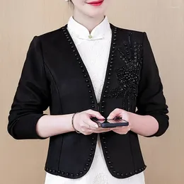 Women's Jackets Fashion Beading V-Neck Short Women Jacket For 2024 Coats Long Sleeve Black White Red Coat H466