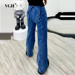 Women's Jeans VGH Solid Patchwork Bowknot Denim Trousers For Women High Waist Spliced Button Minimalist Straight Pants Female Fashion