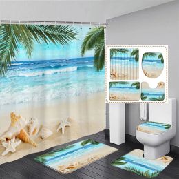 Curtains Ocean Landscape Shower Curtain Set Palm Leaves Starfish Conch Sea Wave Beach Bathroom Decor NonSlip Rug Bath Mats Toilet Cover