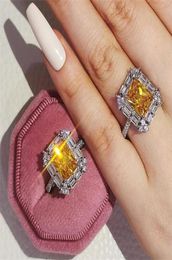 2022 Ins Top Sell Wedding Rings Luxury Jewellery 925 Sterling Silver Princess Cut Yellow Topaz CZ Diamond Gemstones Eternity Women E5675833