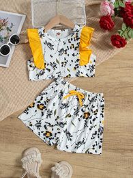 Clothing Sets 2PCS Children Girl Lovely Clothes Set Flower Print Flutter Sleeve Top Shorts With Bow Seaside Casual Suit Kids 1-6 Years
