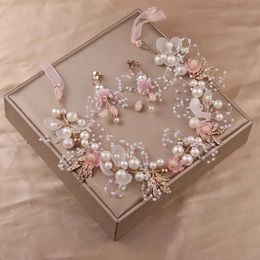 Headbands Handmade Bride Hair Accessories Pink Flower Wedding Headpiece Crystal Headpiece Pearl Headband Q240506