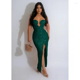 Casual Dresses WUHE Luxury Sparkly Sequins Evening Women Party Night Backless Strapless V-neck Celebrity Prom Bodycon Maxi Dress