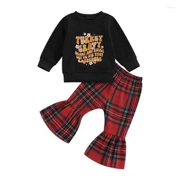 Clothing Sets 2024 0-3Y Toddler Girls Cute Clothes Thanksgiving Letter Print Long Sleeve Sweatshirt And Plaid Flare Pants Set 2pcs Outfits