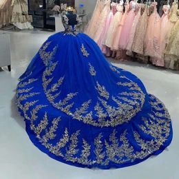 Quinceanera Royal Beaded Blue Sukienki Kryształy Tiul Kaplica pociąg koronkowy paski aplikacyjne Tassle warstwy słodkie 16 urodzin PROM