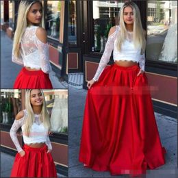 Lace Two White Red Satin Piece Prom Dresses Long Sleeves Jewel Neck Ruched Pleats Evening Juniors Graduation Party Gown Formal Ocn Wear