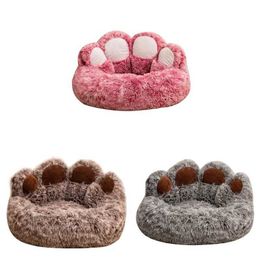 Cat Beds Furniture Dog Bed Round Pet Cat House Long Plush Deep Sleeping Warm Bear Paw Shape Super Soft Cushion for Small Dogs Cats Pet Supplies