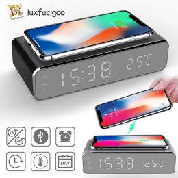 Clocks Wireless Charger Time Alarm Clock LED Digital Thermometer Earphone Phone Chargers Fast Charging Dock Station For IPhone Samsung