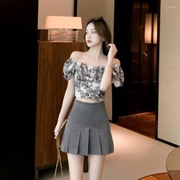 Skirts Women's Fashionable Mini Skirt Solid Gray High Waist Pleated Hem Wrapping A-Line Summer 2024