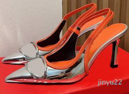 Lettera metallica alta tacchi donne retrò in moda punta di piedi slingbacks sandali del tallone gattino sandali cm designer di lusso in denim blu scarpe da ufficio con scatola con scatola