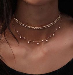 Multilayer Star Bead Choker Necklaces for Women 3 Rows Crystal Rhinestone Chain Necklaces Collier Gold Colour Women Charm Jewelry4921285
