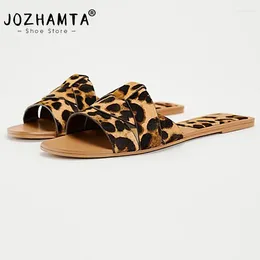 Sandals JOZHAMTA Size 34-43 2024 Women Genuine Leather Flats Heel Summer Leopard Shoes Woman Sexy Party Wedding Slippers