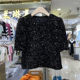 Women's T Shirts 2024 For Women Korean T-shirts Short Sleeve O-neck Loose Tees Chic Temperament Sequined Black Summer Crop Tops