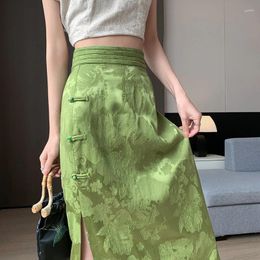 Skirts 2024 Summer Spring Women High Waisted Dobby Floral Pattern Green Black Skirt Woman Chinese Style Jacquard Flower