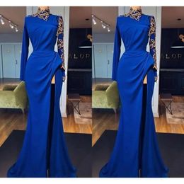 Kvällsjärjedagar Blue Royal High Neck Side Split Long Sleeves Designer Applique Ruched Custom Made Formal OCN Wear Arabic Prom Gown Vestidos