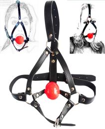 PU Leather head harness bondage open mouth gag restraint red silicone ball adult fetish SM sex game toys for women men couple Y1818643091