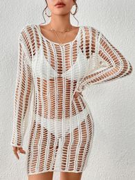 Women's Swimsuit Cover Up White Cut-out Swimwear Cropped Slim-fit Knitted Shirt Dress One Piece Beachwear