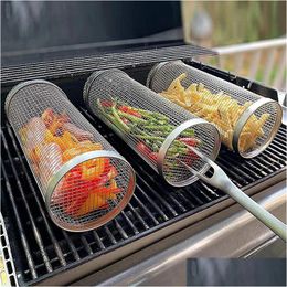 Bbq Grills Cylinder Basket Stainless Steel Rolling Grilling Wire Mesh Outdoor Cam Barbecue Rack For Vegetable Fruit Drop Delivery Home Ottqr