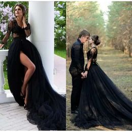 Bridal Dresses Black Wedding Gothic Gown Long Sleeves Lace Applique V Neck A Line Side Slit Sweep Train Plus Size Custom Made Beach Garden Vestido De Novia estido