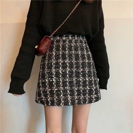 Skirts Fall Winter Plaid Wool Skirt Womens Plus Size Thick Woolen Glitter Mini Tweed Skirt Saia Feminina