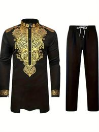 Daupanzees Comfy Mens African 2 Piece Set Traditional Suit Dashiki Long Sleeve Gold Print Button Down Shirt and Pants Outfit 240521