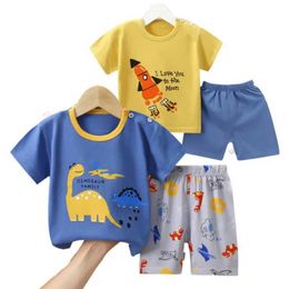 Clothing Sets Cartoon Stripe Short Sleeve T-Shirt+Shorts 2-Piece Set 100% Soft Cotton Summer Baby Boy Girl Pyjama Casual Clothes Suit 1-6 YearL2405