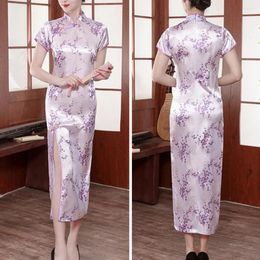 Party Dresses Women Cheongsam Dress Retro Printed Elegant Faux Satin Long Chinese Style Stand Collar Short Sleeve Qipao Flower