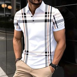 Men's Polos New Hot Selling Men Polo Shirt Stripe Printing Turn down Collar Button Top Short Slve Summer Casual Mens Clothing Polo Shirts T240506