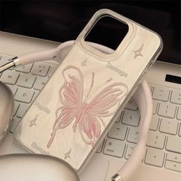 Cell Phone Cases INS Korean Pink Butterfly Silver Feather Gauze Phone Case For phone 15Pro 11 12 13 14 Pro Max Cute Sweet Girls Shockproof Cover