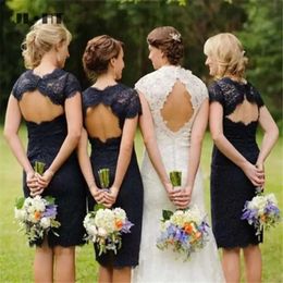 Blue Bridesmaid Dresses Scalloped Navy Neck Cap Sleeves Lace Sheath Knee Length Hollow Back Ruched Maid Of Honor Gown Vestidos For Country Wedding