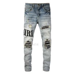 Men's Jeans Mens Jeans Light Blue Distressed Patch Streetwear Slim Embroidered Leather Letter Pattern Damaged Skinny Stretch Ripped Jeansb4js