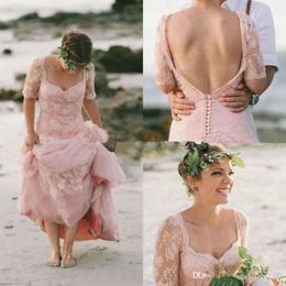 Dresses Blush Pink Beach Wedding With Short Sleeves Bridal Gown Sexy Backless Tulle Lace Applique Sweetheart Neckline Custom Made Plus Size Vestido De Novia