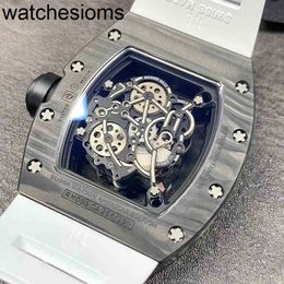 Richamill Watch Business Date Leisure Rms055 Fully Automatic Mechanical Watch Carbon Fiber Case White Rubber Band Male