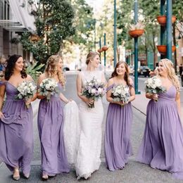 Bridesmaid Spaghetti Lavendor Straps Dresses Floor Length Chiffon Off The Shoulder Custom Made Maid Of Honor Gown Country Wedding Wear Plus Size