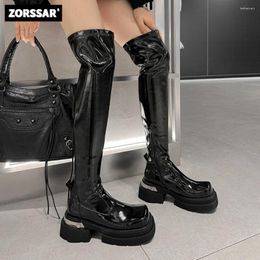 Boots Cow Leather Super Cool Over-the-knee Stretch Platform Square Toe High Heels Long Winter Women Warm Thigh