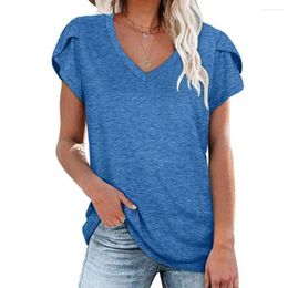 Women's T Shirts Women Tops V-Collar Petal Sleeve Solid Color Daily Office T-shirts Girl Basic Tunic Tshirts Lady Summer For