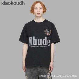Rhude High end designer clothes for Fashion Grand Letter Print High Street Loose Summer Round Neck Short Sleeve T-Shirt With 1:1 original labels