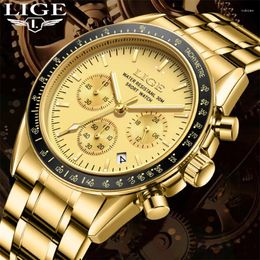 Wristwatches LIGE Men's Watches Luxury Gold For Men Chronograph Waterproof Luminous Date Man Wristwatch Stainless Steel Quartz Clock