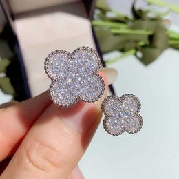 Korean Full Diamond Clover Designer Band Rings Luxury Sweet Flower Silver Open Ring Jewelry Valentines Day Gift