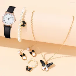 Wristwatches 6 PCS/Set For Women Watches Quartz Wristwatch Luxury Rhinestone Simulation Watch Butterfly Jewelry Set Gift Girls