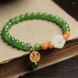 Link Bracelets Chinese Style Vintage Natural Jade Bracelet Green Hetian Jasper S925 Sterling Silver High Quality Exquisite Jewellery