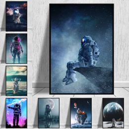 Stickers Modern Art Astronaut And Moon Landscape Canvas Painting Posters and Prints Lonely Space Wall Art Pictures for Bedroom Home Decor