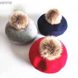 Caps Hats Fashionable winter childrens wool soft beret autumn womens casual polyester fur Pom beret WX