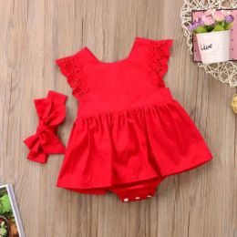 Dresses New Arrival 2pcs Red Flower Baby Clothing Newborn Baby Girls Lace Backless Romper Dress Jumpsuit Outfits Clothes 024M