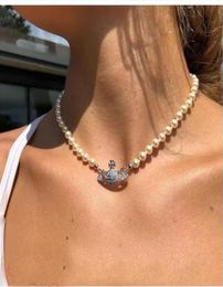 Pearl Necklaces Pin Saturn Beaded pendant Necklace Women Diamond Copper 18K Gold Plated Designer Jewellery Clavicle Mother of pearl 4116352