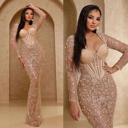 Long Gorgeous Mermaid Prom Sleeves Sweetheart Dresses Shining Applicant Big Pearls Tulle Zipper Floor Length Custom Made Party Dress Vestido De Noite