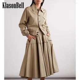 Work Dresses 5.2 KlasonBell Casual Triangle Pocket Khaki Single Breasted Hem Spliced Ribbed Loose Jacket Or High Waist Midi Skirt Set Women