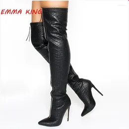 Boots Fashion Women Winter Crocodile Pattern Thigh High Heeled Autumn Pointed Toe Front Zipper Overknee Design Party Shoes