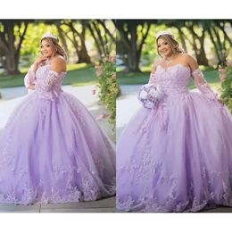 Klänningar quinceanera lila tyll från axelkorsett bakspets Applique pärlstav av löstagbara långa ärmar skräddarsydda prinsessan söt 16 tävling bollklänning